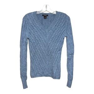 Madison Studios Cashmere Cable Knit Sweater Blue Ribbed Trim Slim-Fit Small